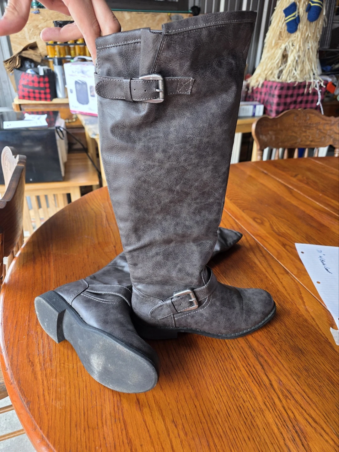 Brown Faux Leather Tall Boots with Buckles