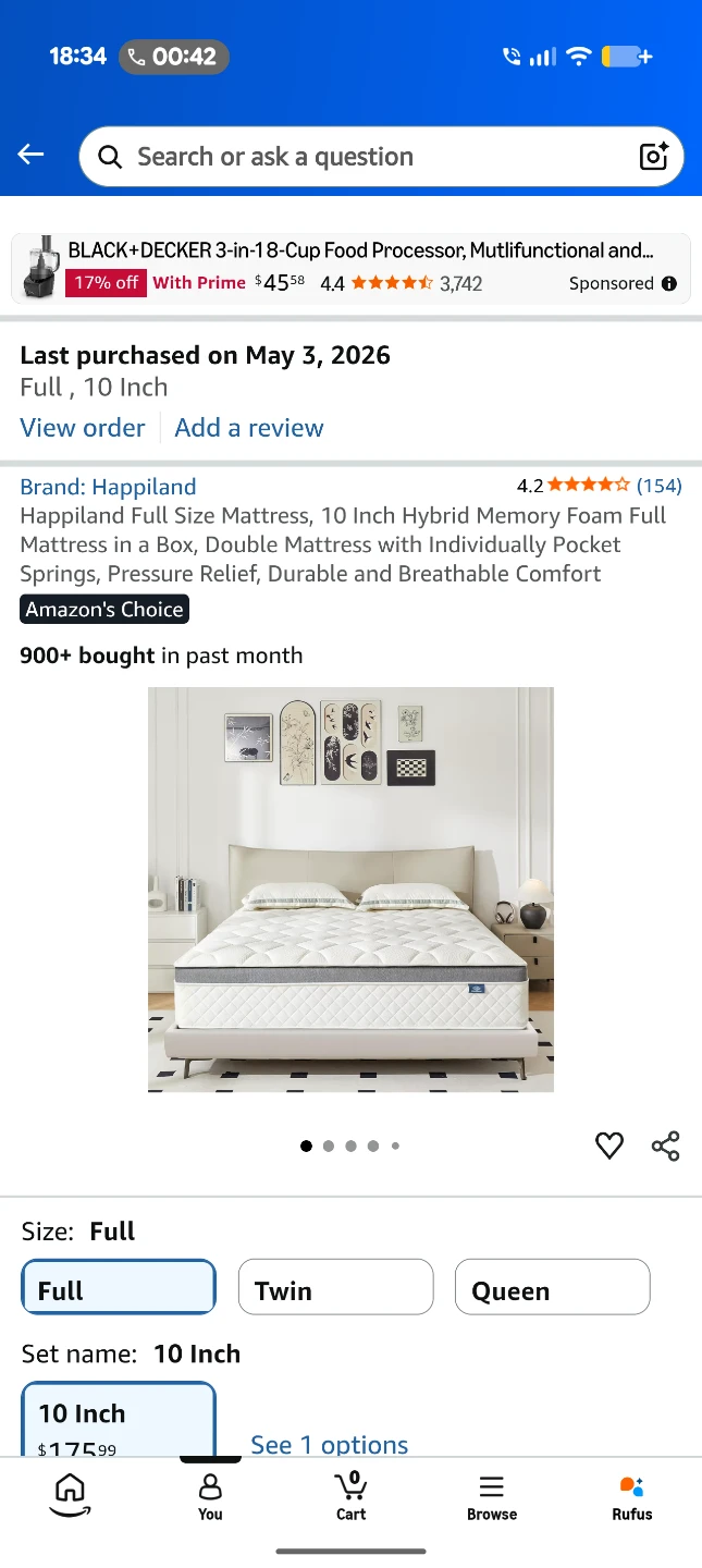 Happiland Full Size 10 Inch Hybrid Memory Foam Mattress