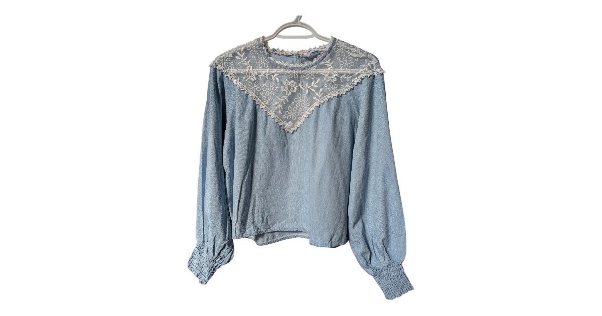 Light Blue Long Sleeve Top with Lace Detail size Medium