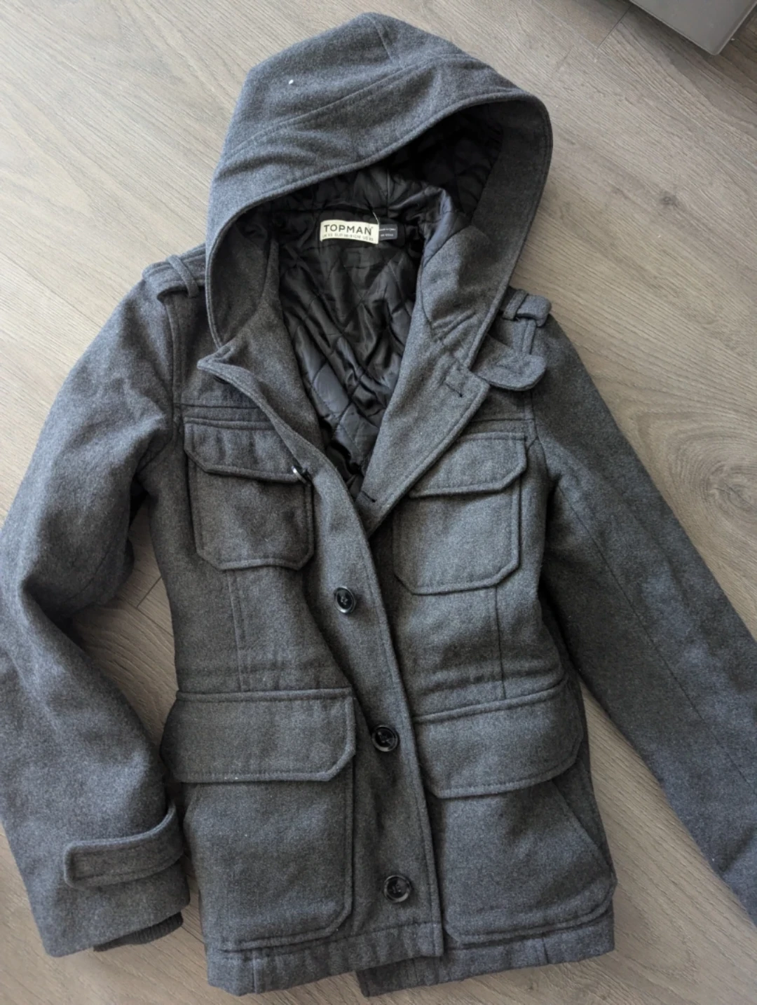 Topman Grey Hooded Wool Blend Jacket Men's - XS