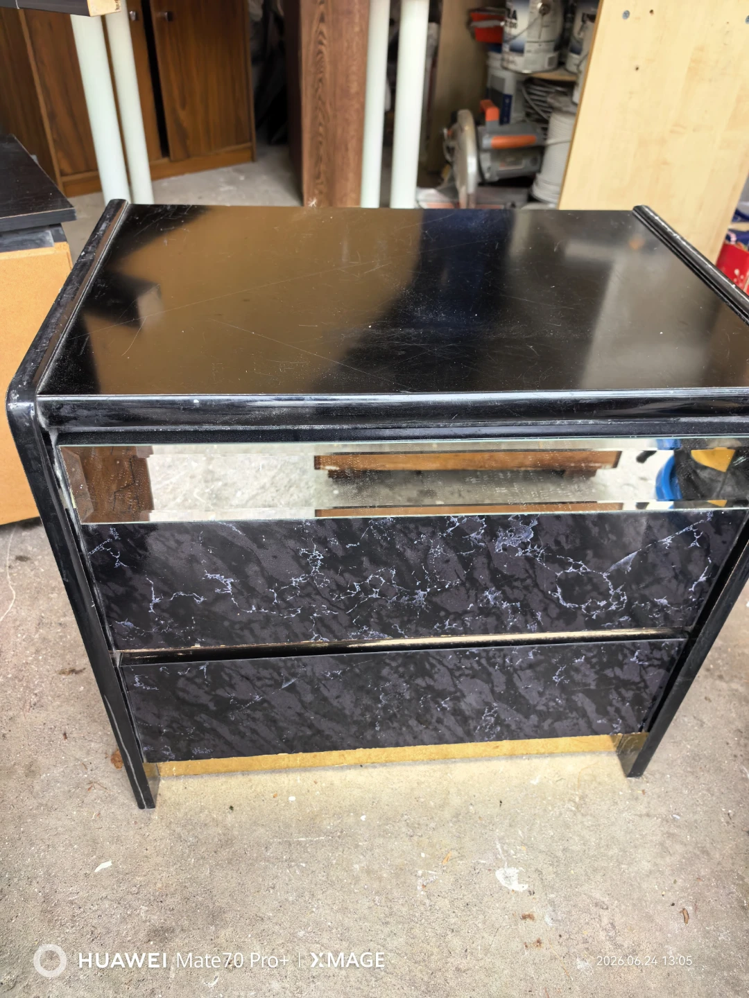 Black Nightstand with Mirrored Front