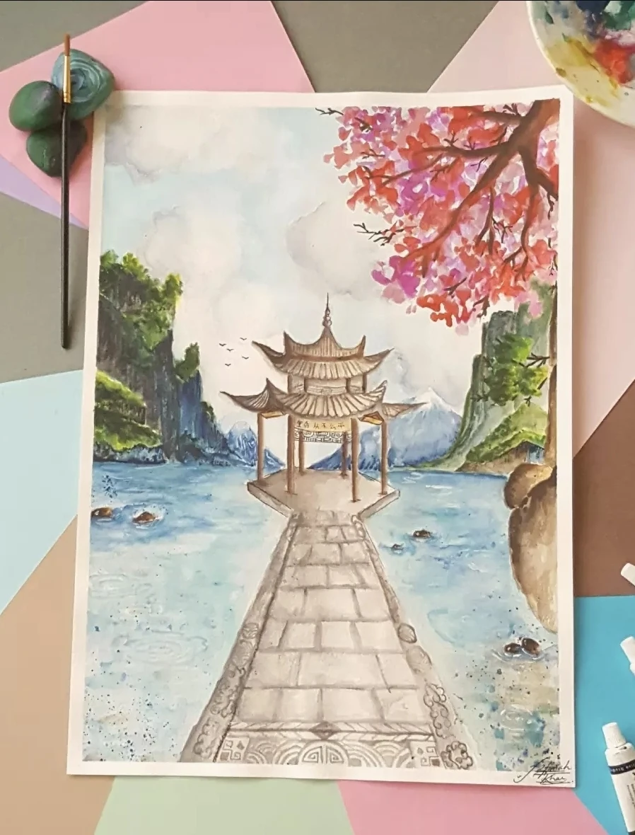 Original Watercolor Painting of a Traditional Pagoda Scene