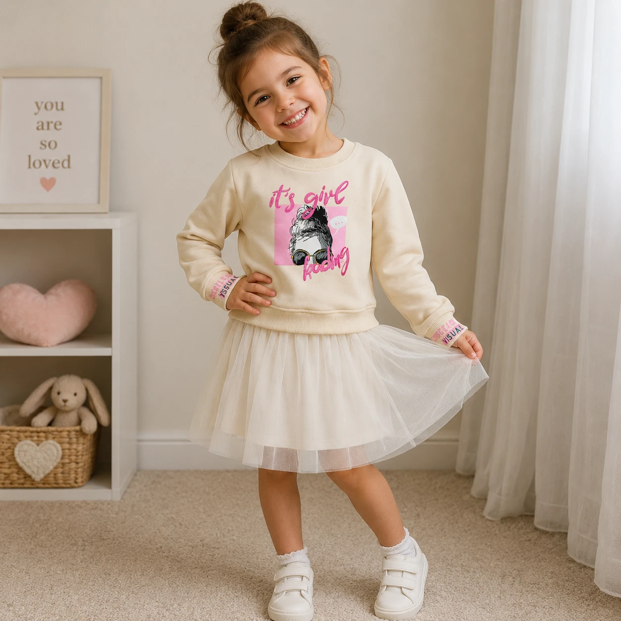 Cream Sweatshirt Dress with Tulle Skirt
