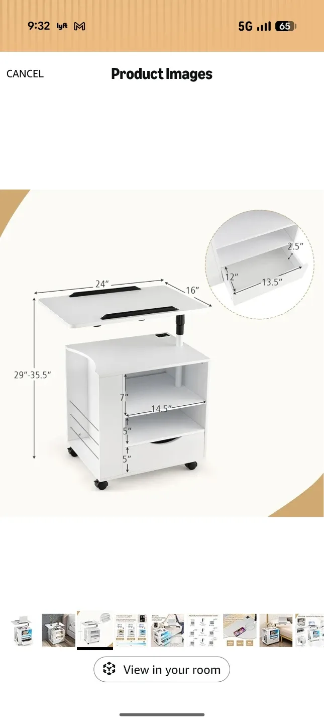 White Side/Night Table with Adjustable Height Top, Laptop Desk - photo 5
