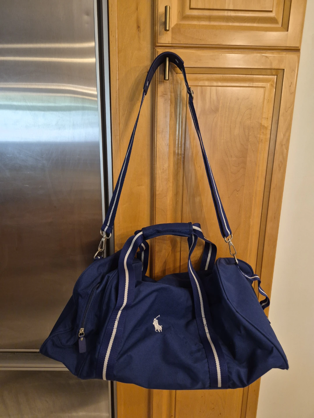 Navy Polo Ralph Lauren Duffel Bag with White Stripes