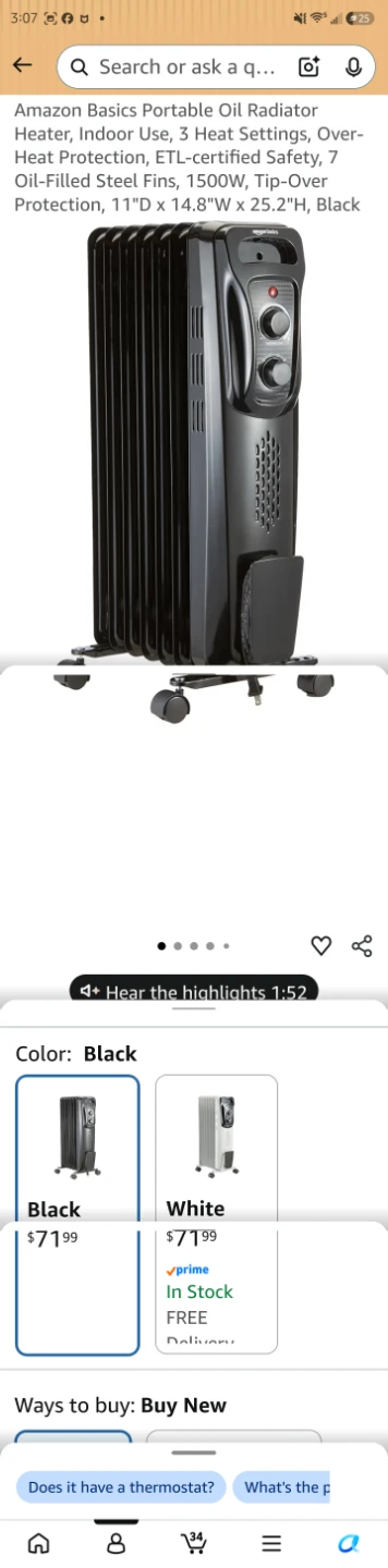 Portable Oil Radiator Heater Black 1500W - photo 4
