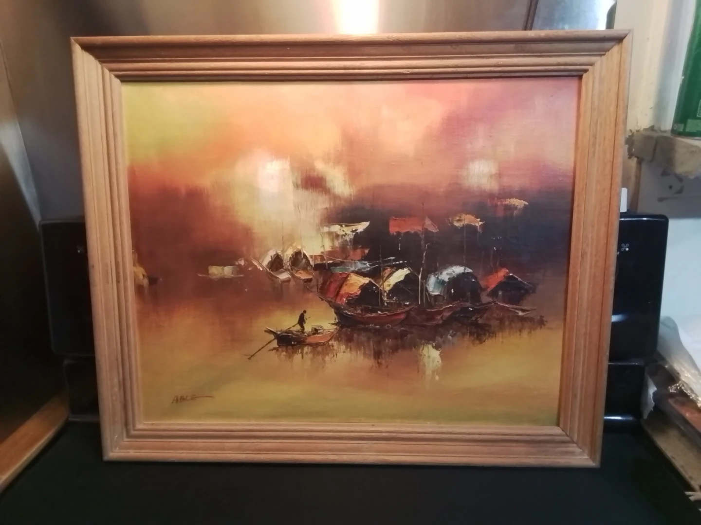 Vintage Mid-Century Modern Junk Boat Seascape Oil Painting - photo 3