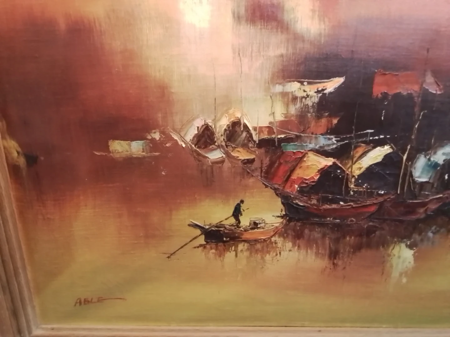 Vintage Mid-Century Modern Junk Boat Seascape Oil Painting - photo 5