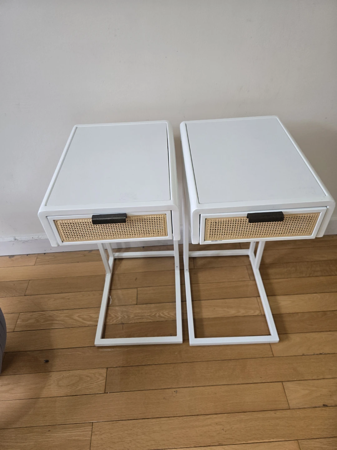 Set of 2 White Bedside Tables with Cane Drawer Fronts