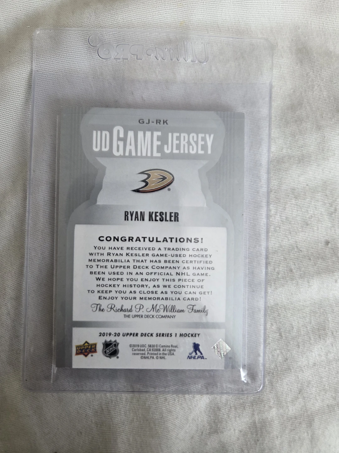 Upper Deck Ryan Kesler UD Game Jersey Hockey Card - photo 2