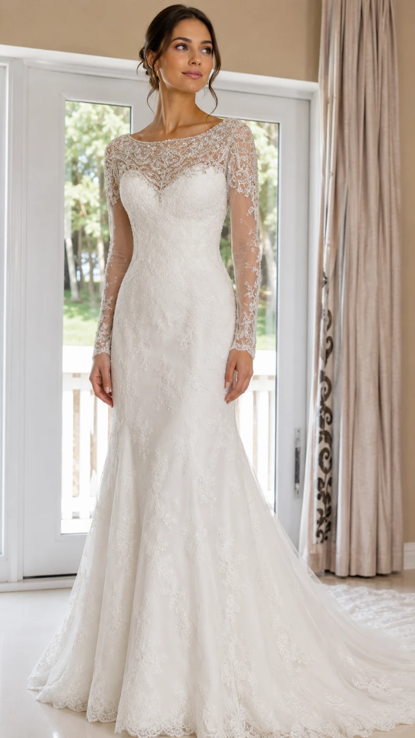 White Lace Wedding Dress with Long Sleeves