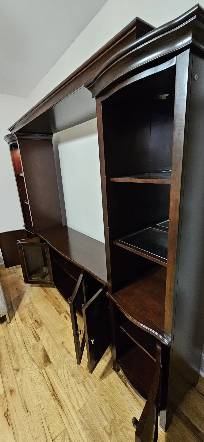 Dark Wood Entertainment Center with Shelving and Cabinet Storage