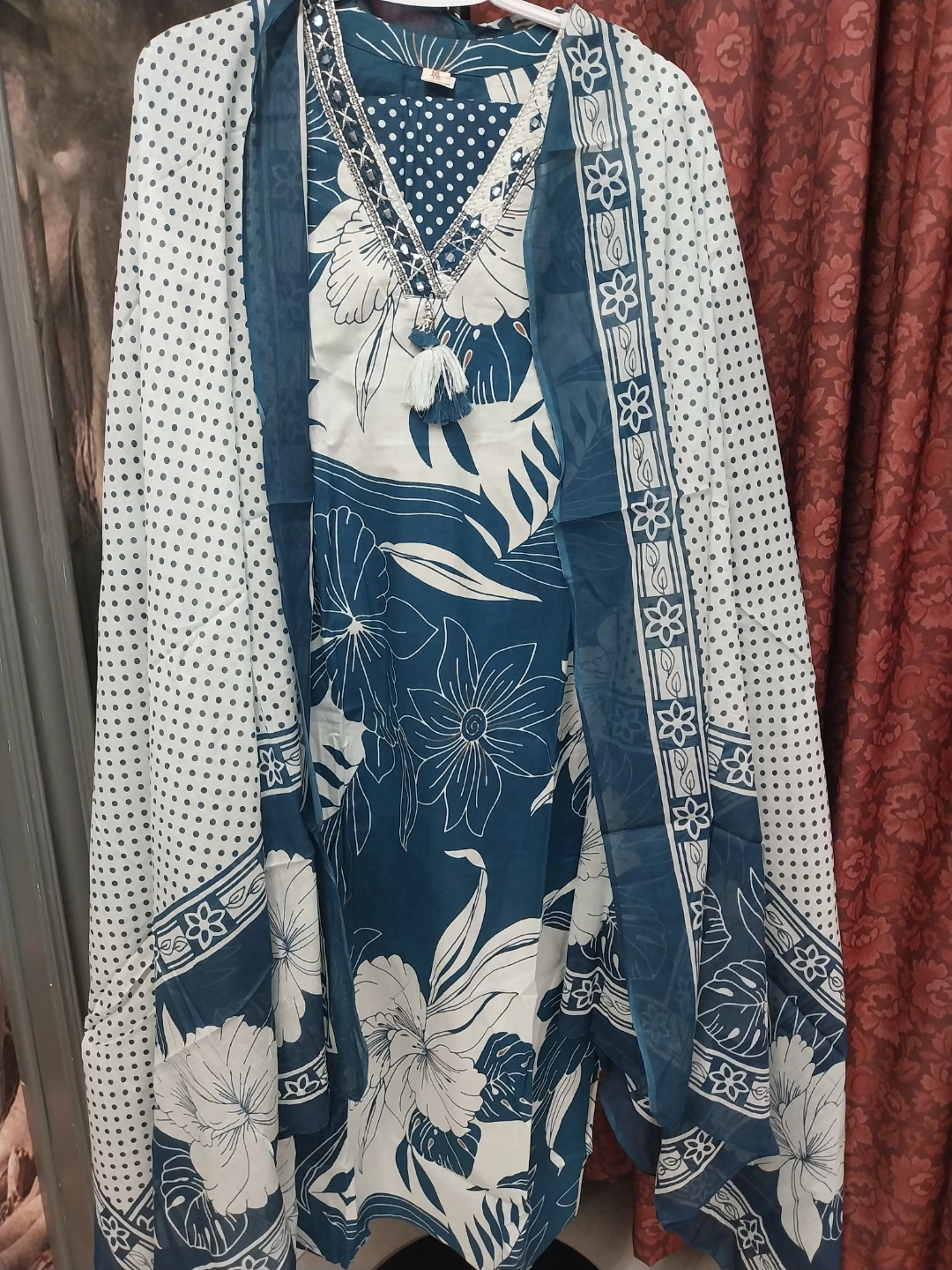 Women's Blue and White Floral Print Kurti Set with Dupatta - photo 2