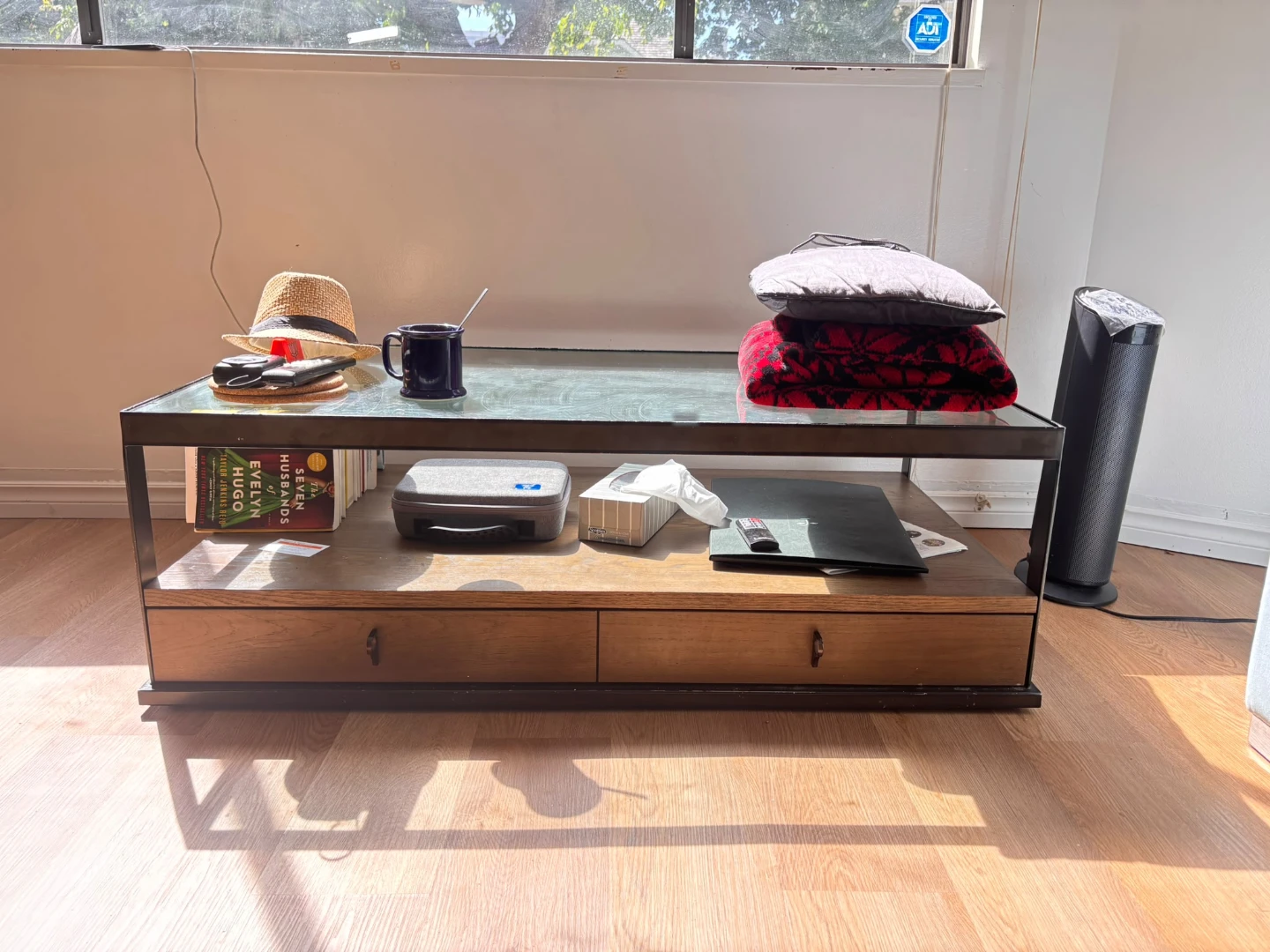 Modern Coffee Table with Glass Top and Wood Drawers