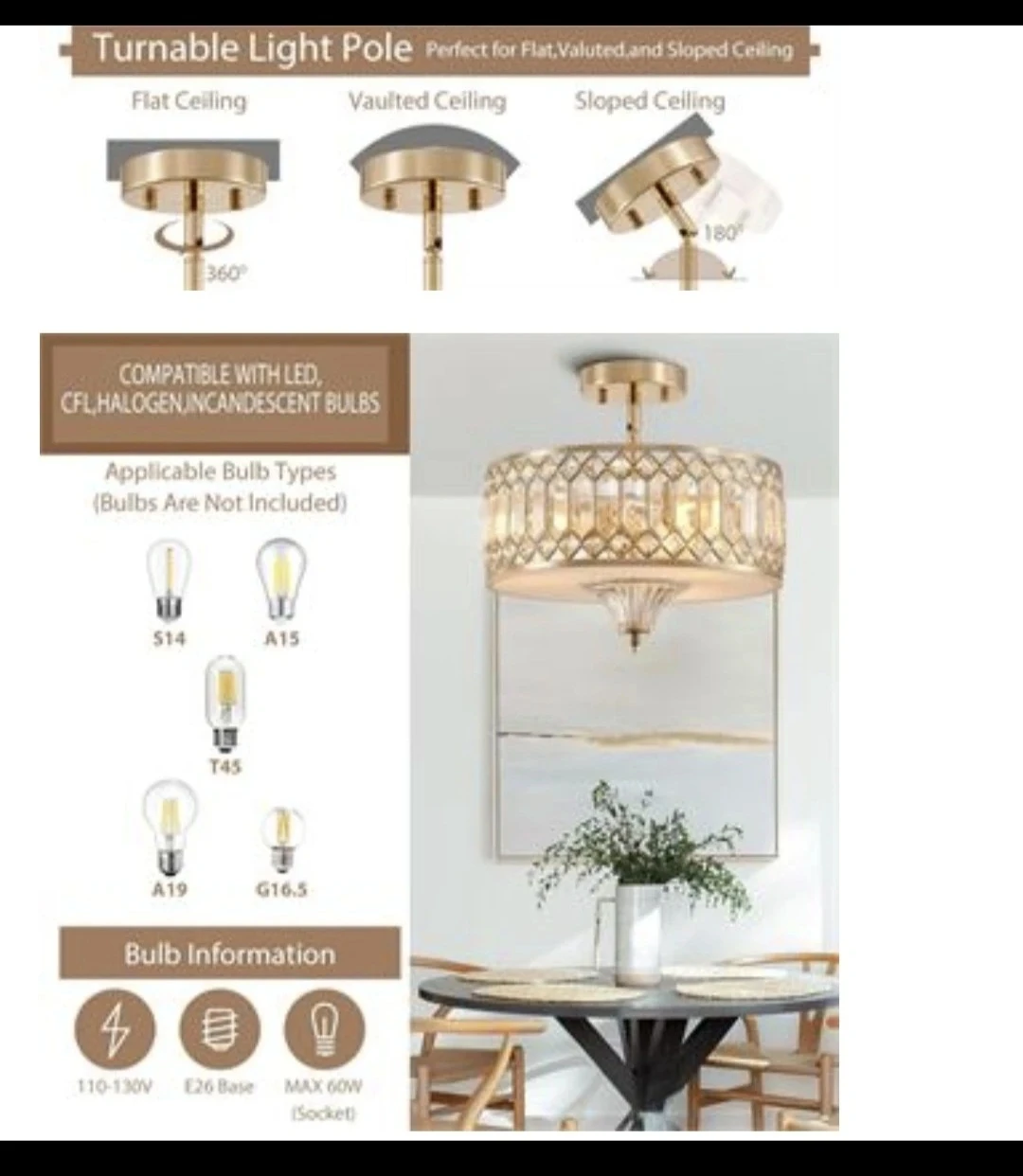 Modern 3-Light Crystal Semi-Flush Ceiling Light Fixture - photo 3