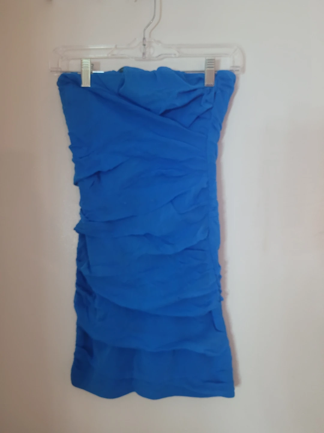 Blue Strapless Ruched Dress with Zipper