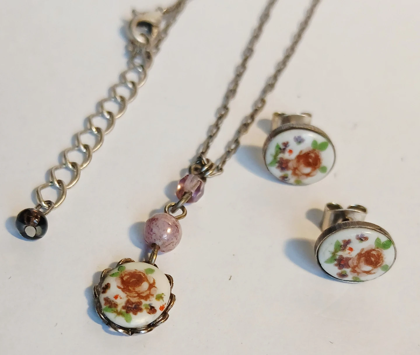 Rose Enamel Pendant Necklace and Earrings Set - photo 2
