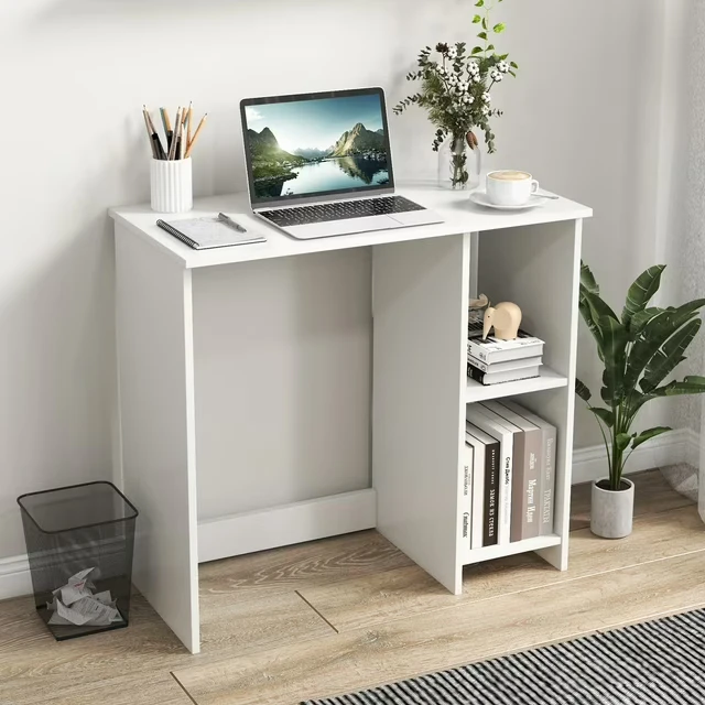 White Compact Wooden Home Desk with Shelves