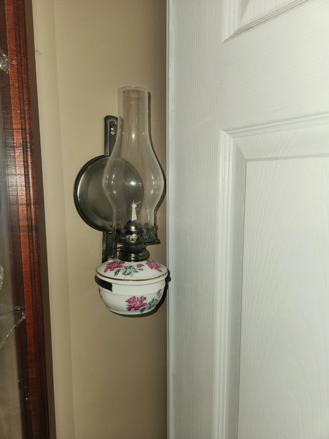 Vintage Oil Lamp with Floral Ceramic Base