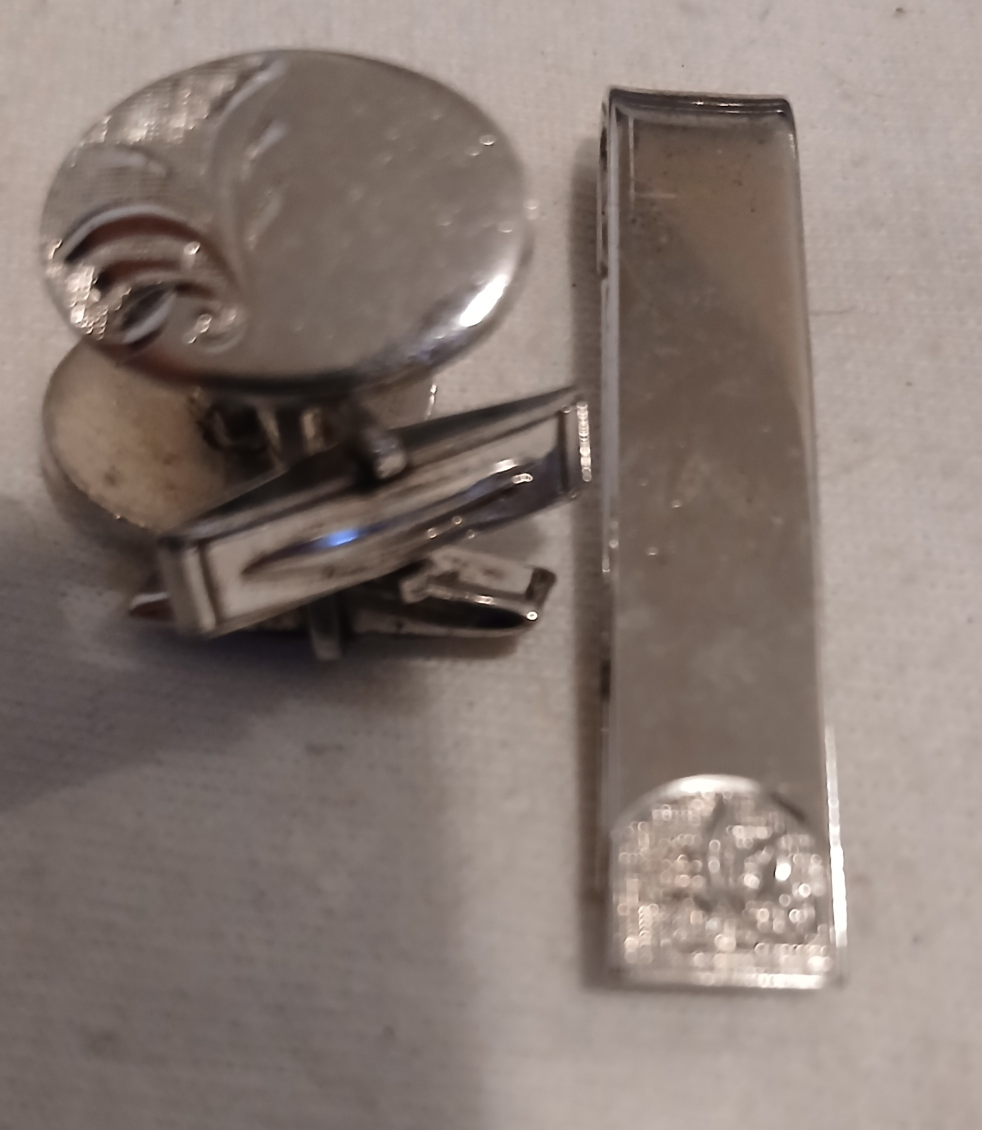 Sterling Silver Cufflinks and Tie Clip Set