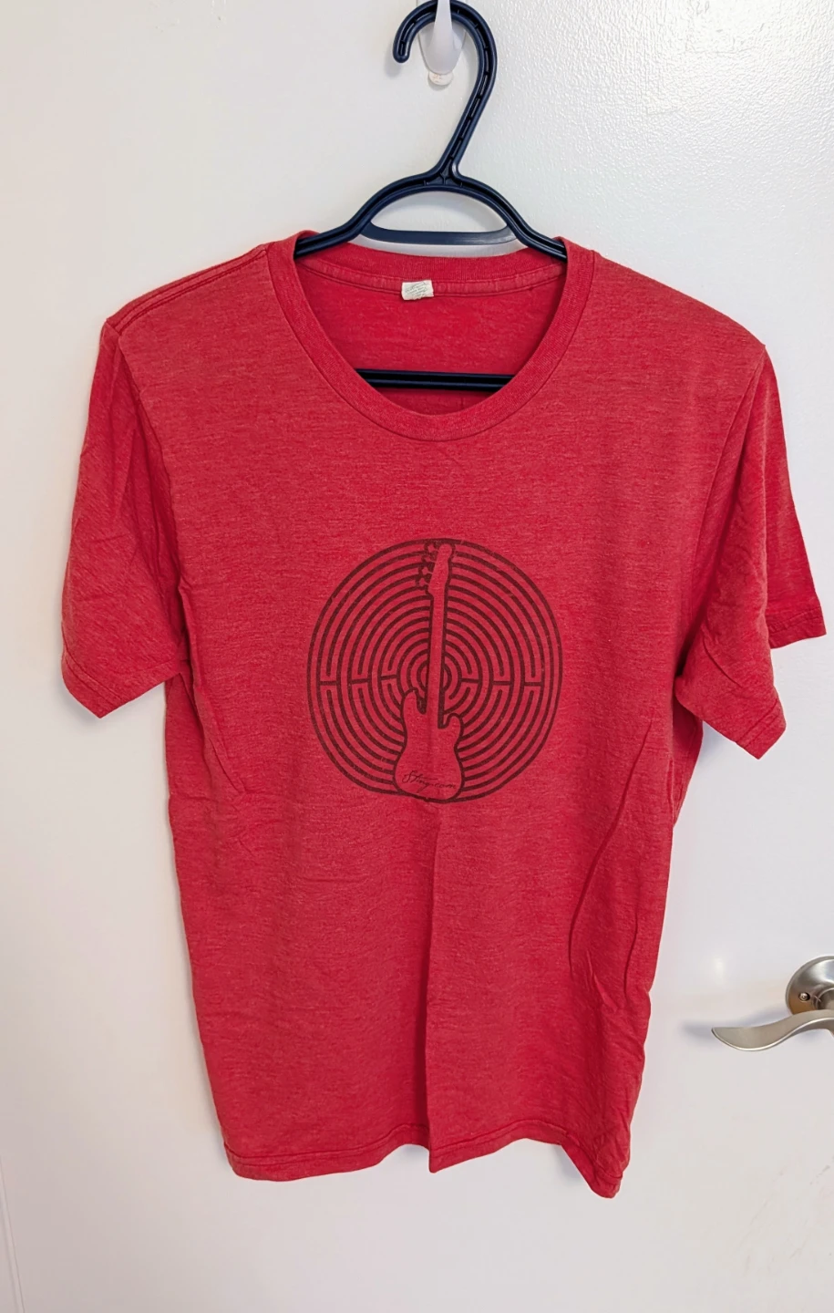 Red Graphic T-Shirt with Guitar Design - Men's Size Medium