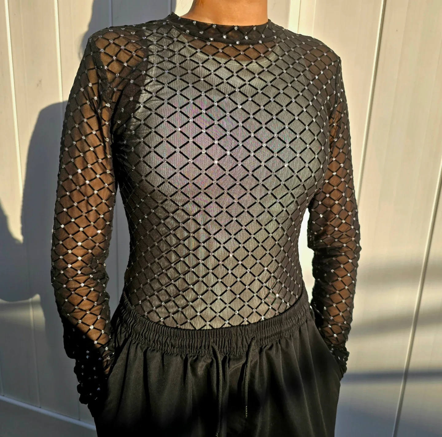 Black Mesh Diamond Pattern Top/Bodysuit - Size L - photo 4