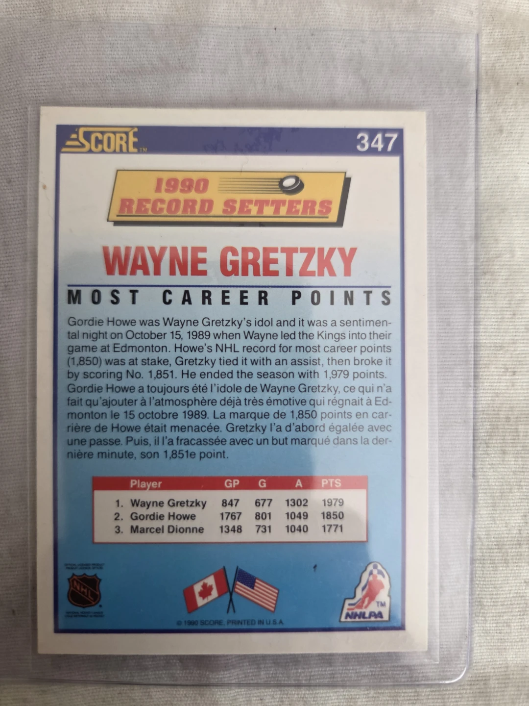 1990 Score Wayne Gretzky "Record Setters" Hockey Card - photo 2