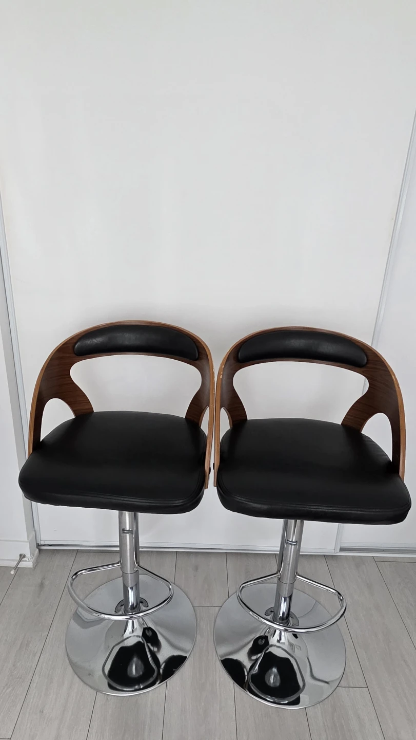 MOVING SALE- Adjustable Bar Stools - Black Leather & Wood