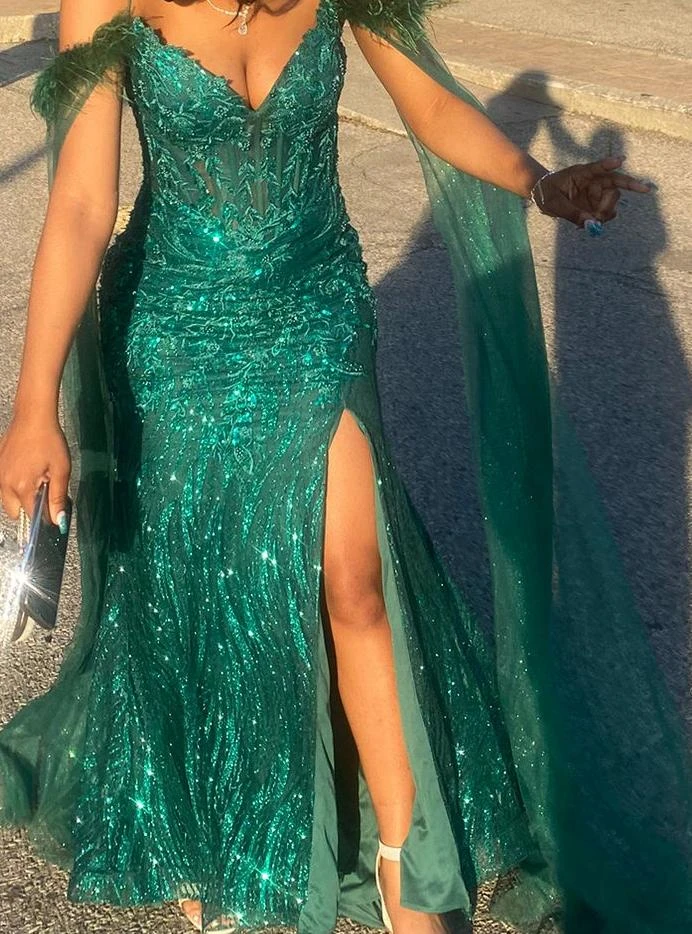 Sparkly Green Formal Gown with Cape.