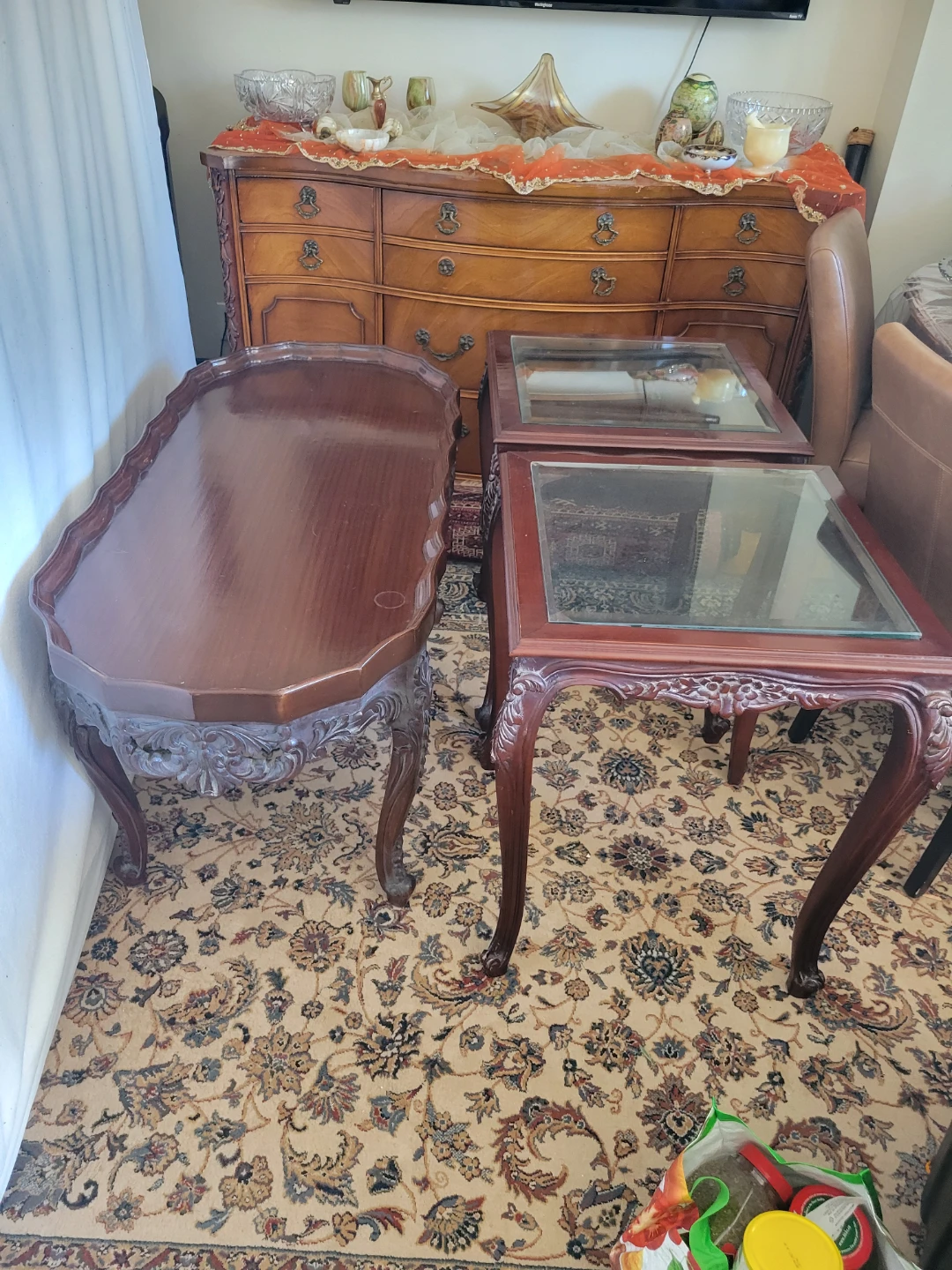 Carved Wood and Glass Coffee Table Set