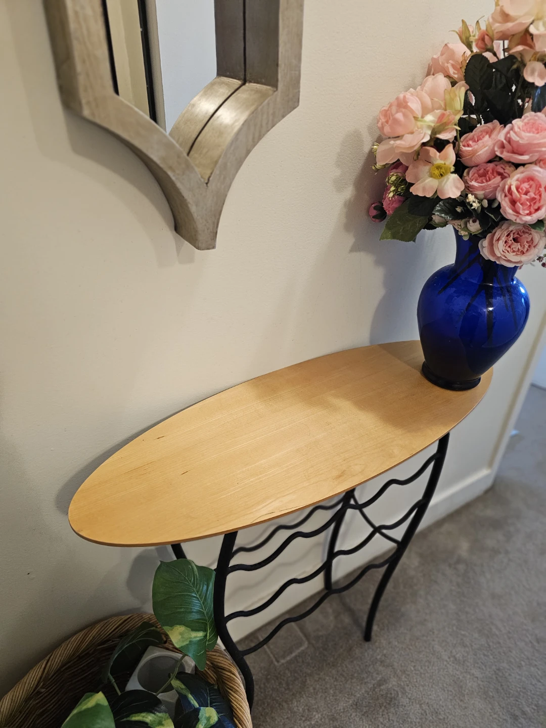 Oval Wood Top Console Table with Black Metal Wine Rack Base - photo 4