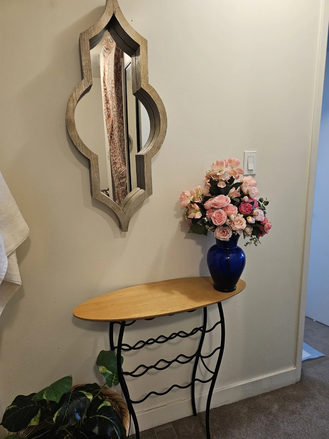 Oval Wood Top Console Table with Black Metal Wine Rack Base - photo 5