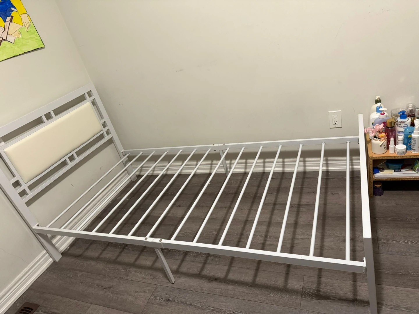 White Metal Bed Frame with Padded Headboard