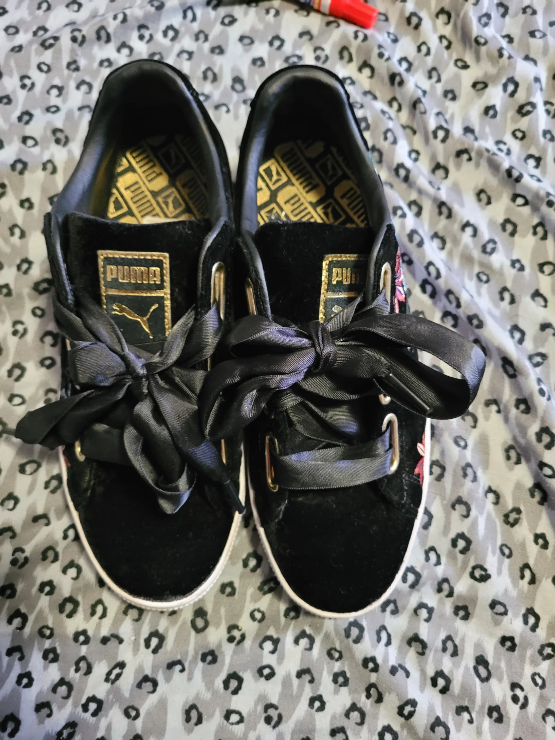 Puma Black Velvet Basket Heart Floral Embroidered Sneakers -