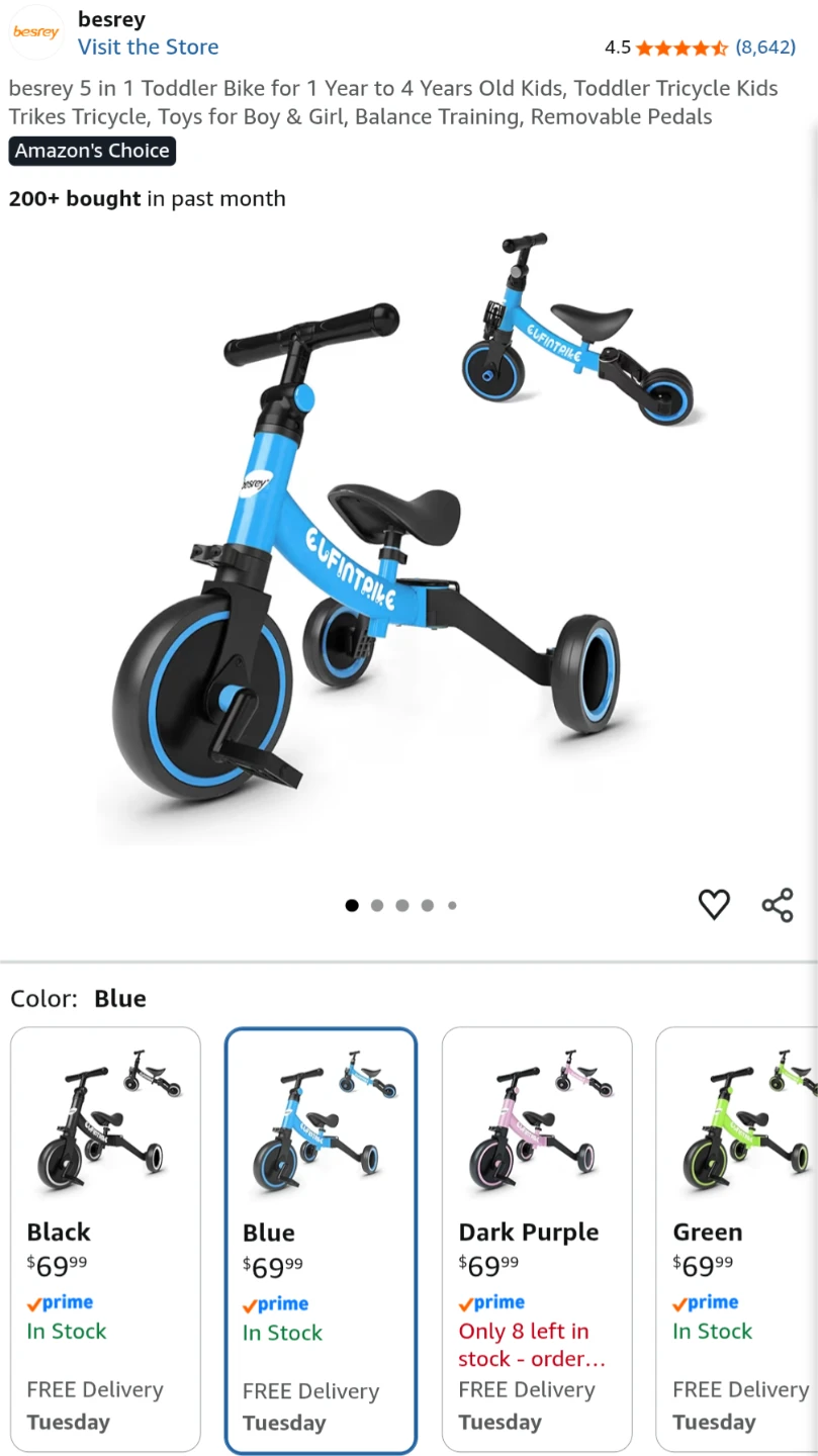 Besrey 5-in-1 Toddler Bike/Tricycle - Blue