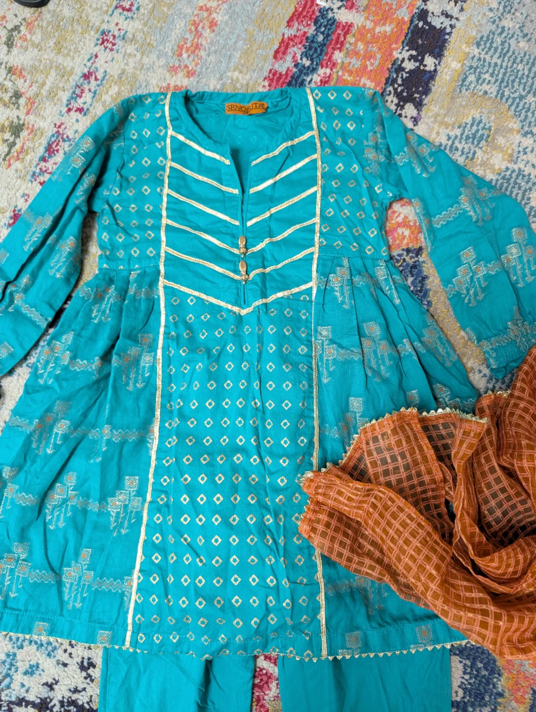 Teal Embroidered Kurti with Pants and Dupatta - photo 2