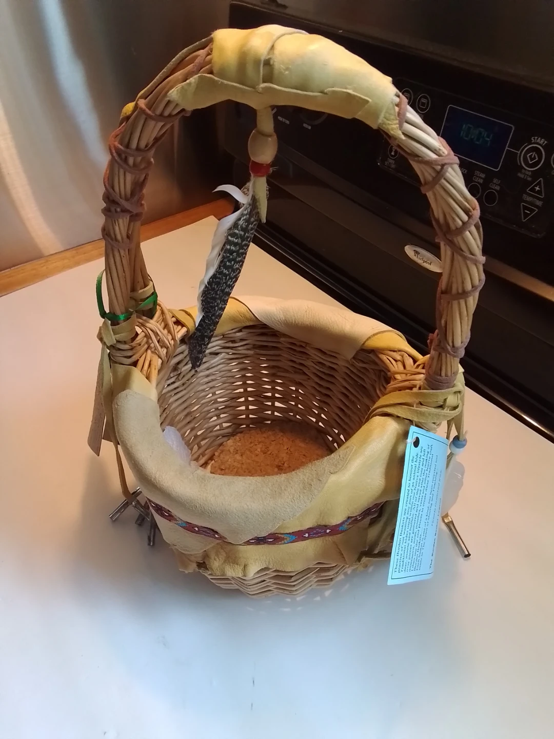 Gentle Bird Woven Basket with Leather Accents