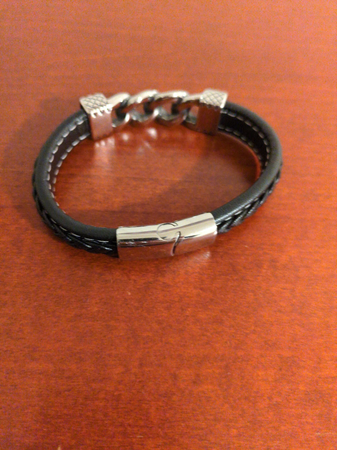 Men's Black Leather Bracelet with Silver Accents - photo 2