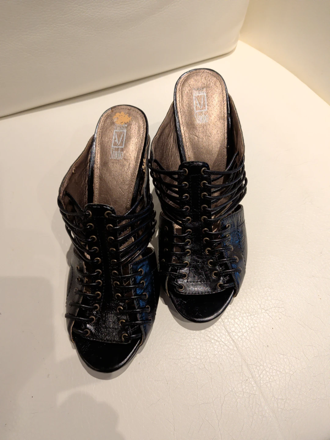 Black Leather Lace-Up Heels