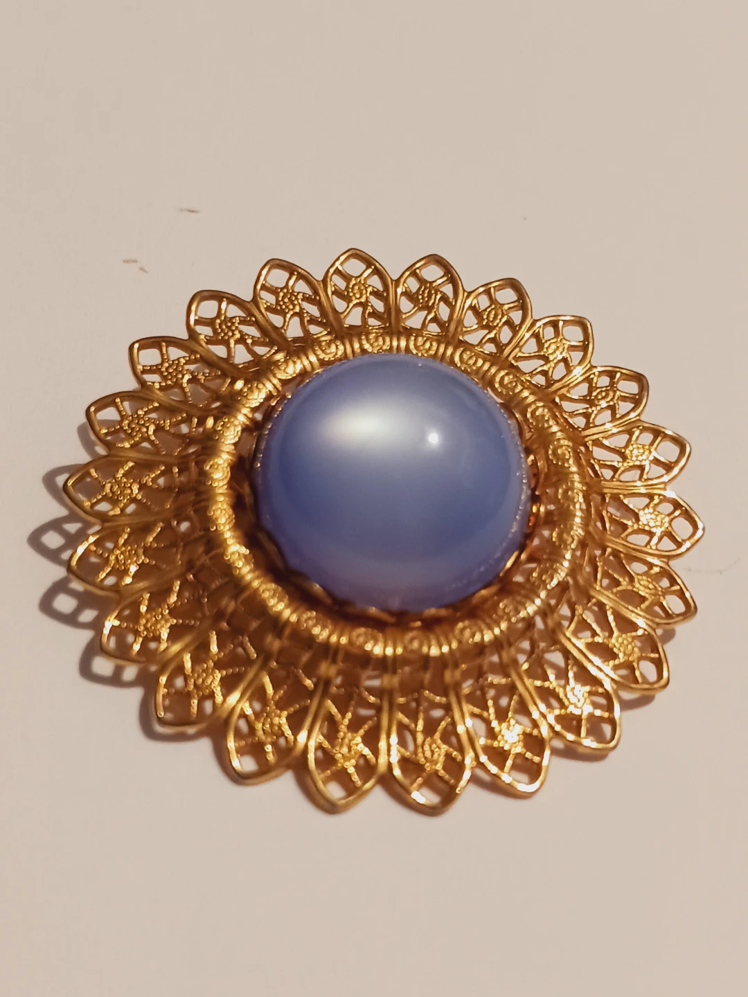 Vintage Gold Tone Brooch with Cats Eye Blue Cabochon
