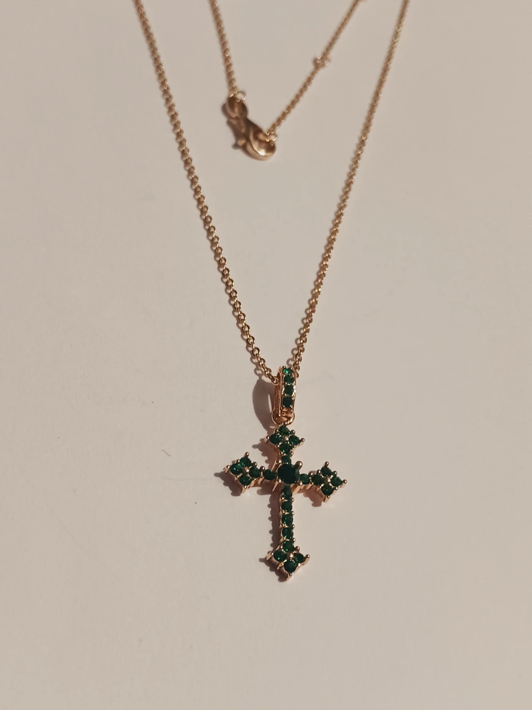 New!Gold Overlay Sterling SilverGreenStonesCrossPendant w/ Chain - photo 2