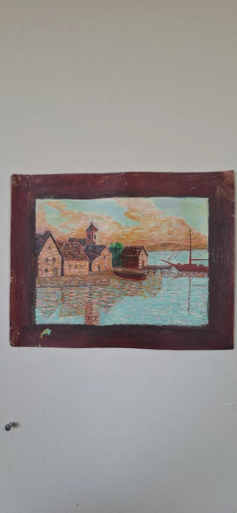 Vintage Framed Oil Painting Seascape with Sailboat