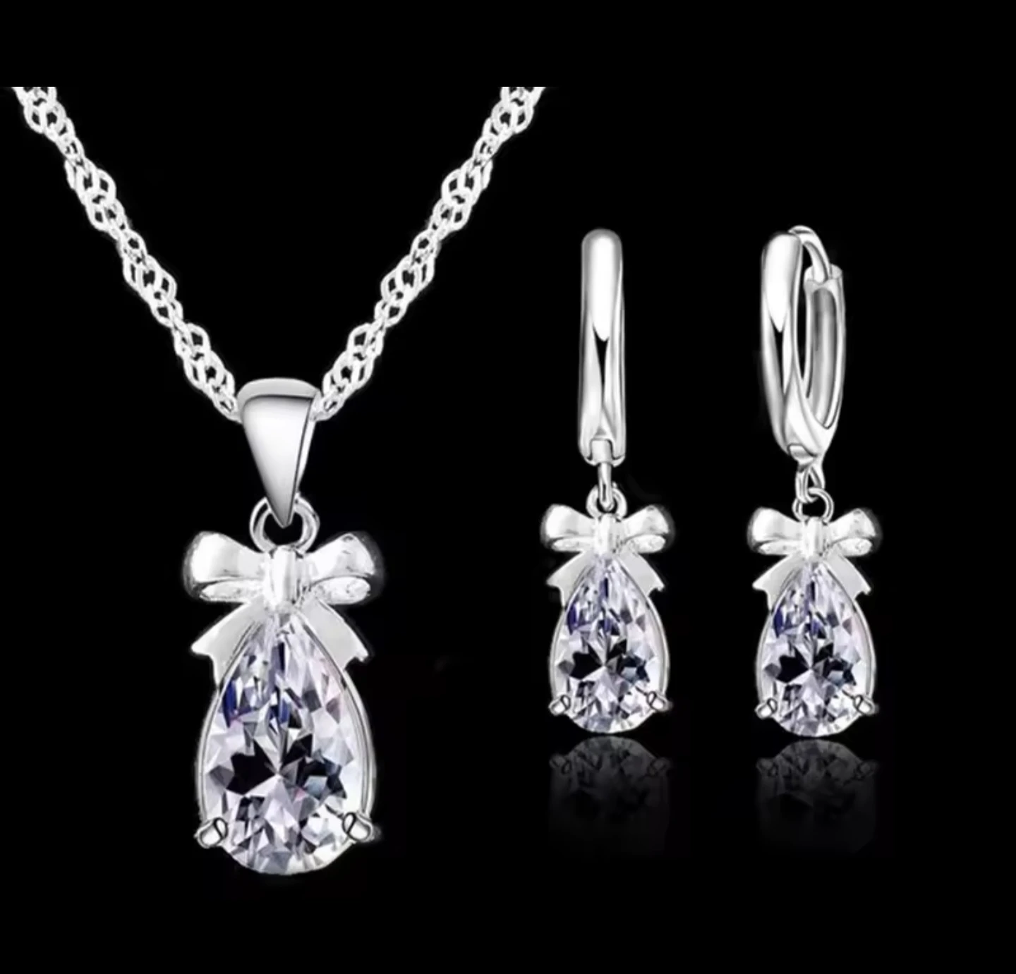 Bow Shaped Crystal Pendant Necklace and Earring Set - photo 2