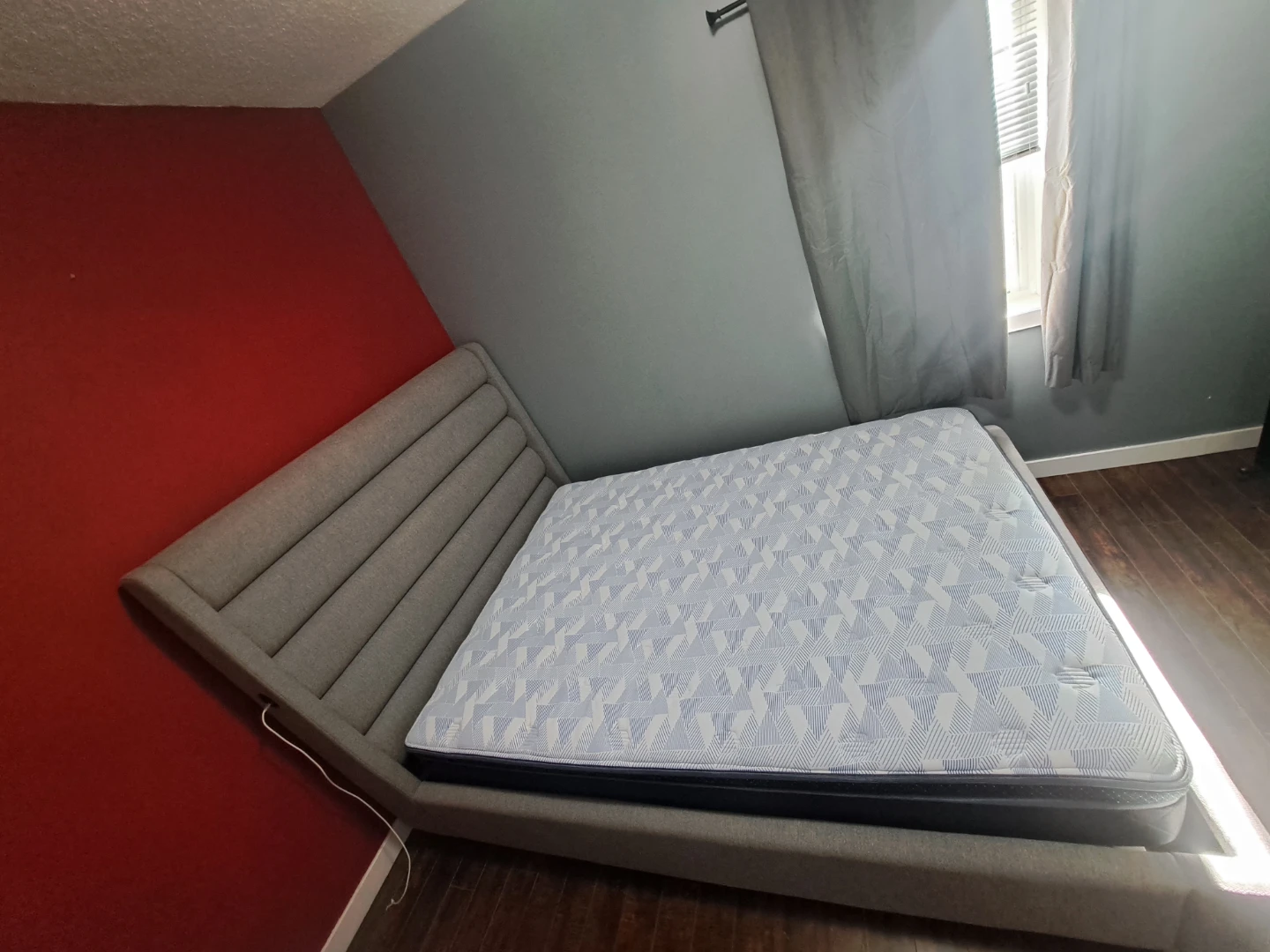Grey Upholstered Modern Bed Frame and mattress with Headboard