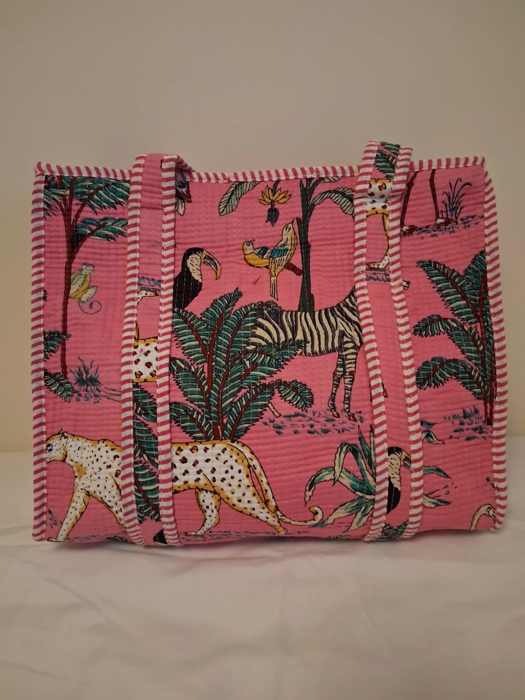 Pink Quilted Tote Bag with Tropical Animal Print