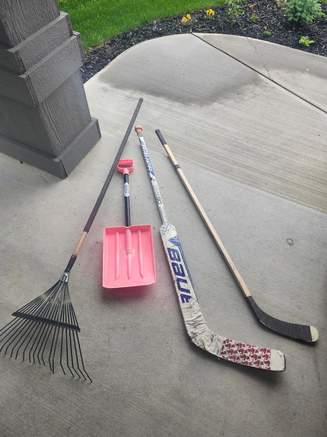 Assorted Outdoor Tools and Hockey Stick