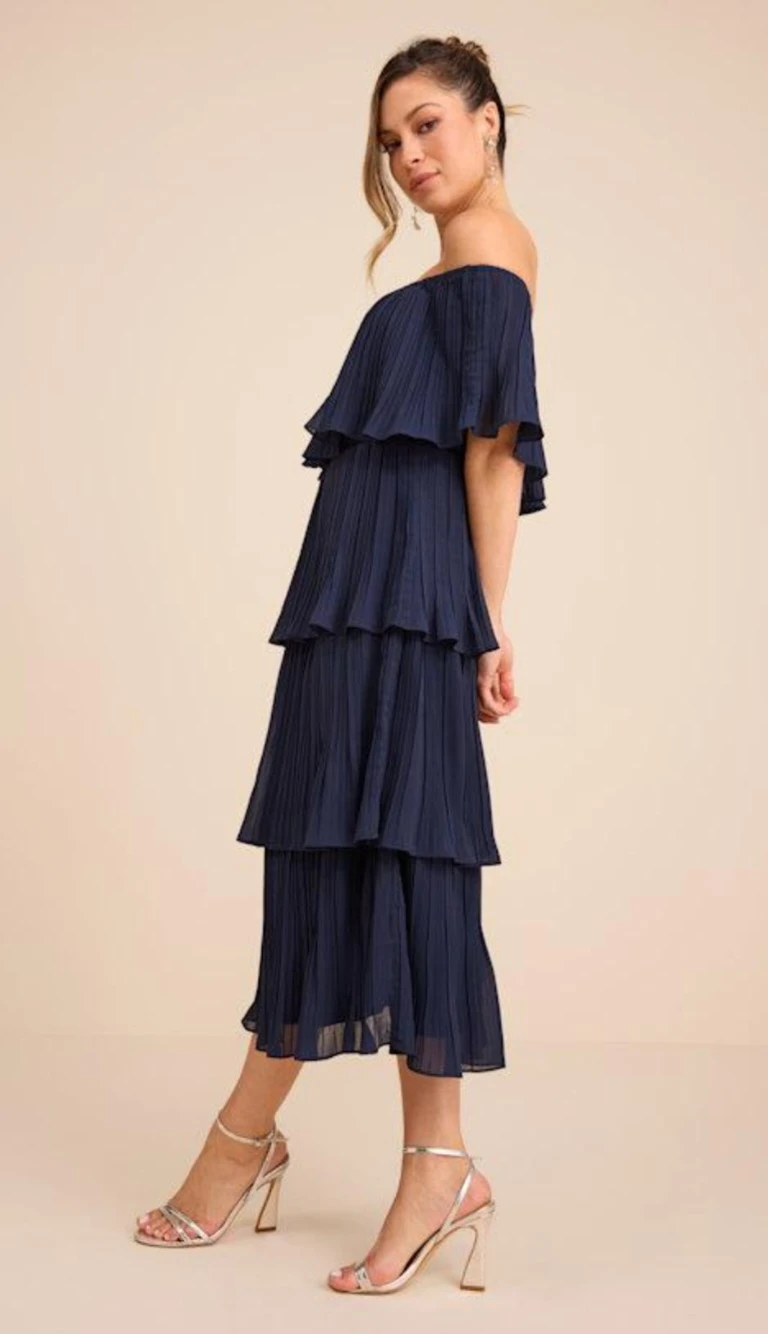 Navy Blue Tiered Off-the-Shoulder Dress