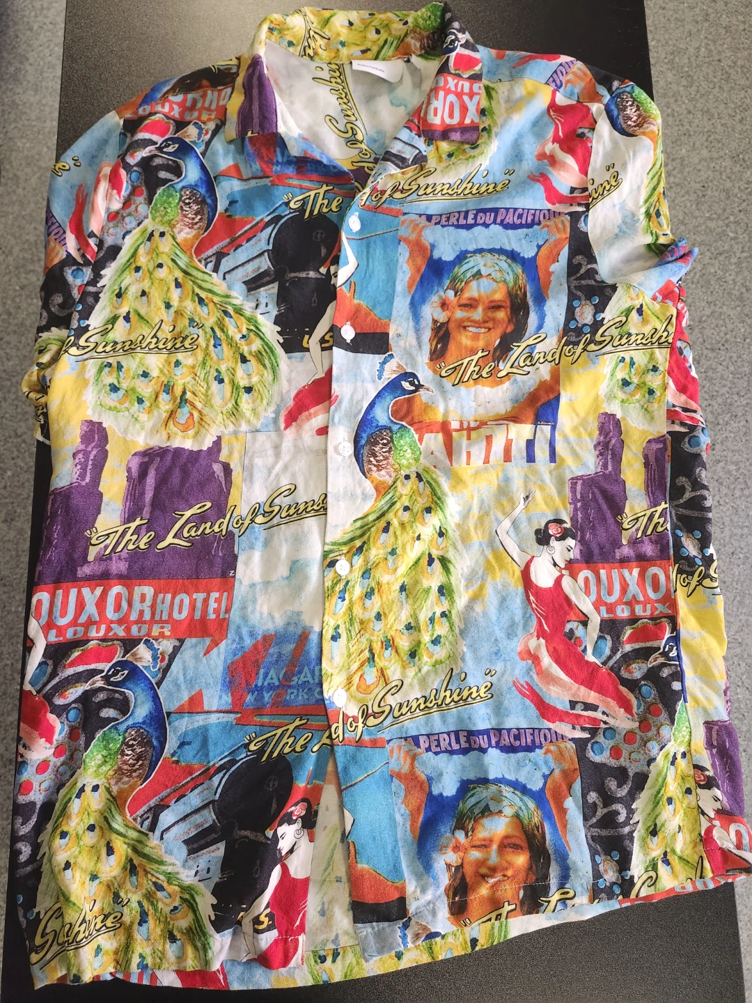 Hawaiian Shirt with Peacock and Vintage Travel Graphics