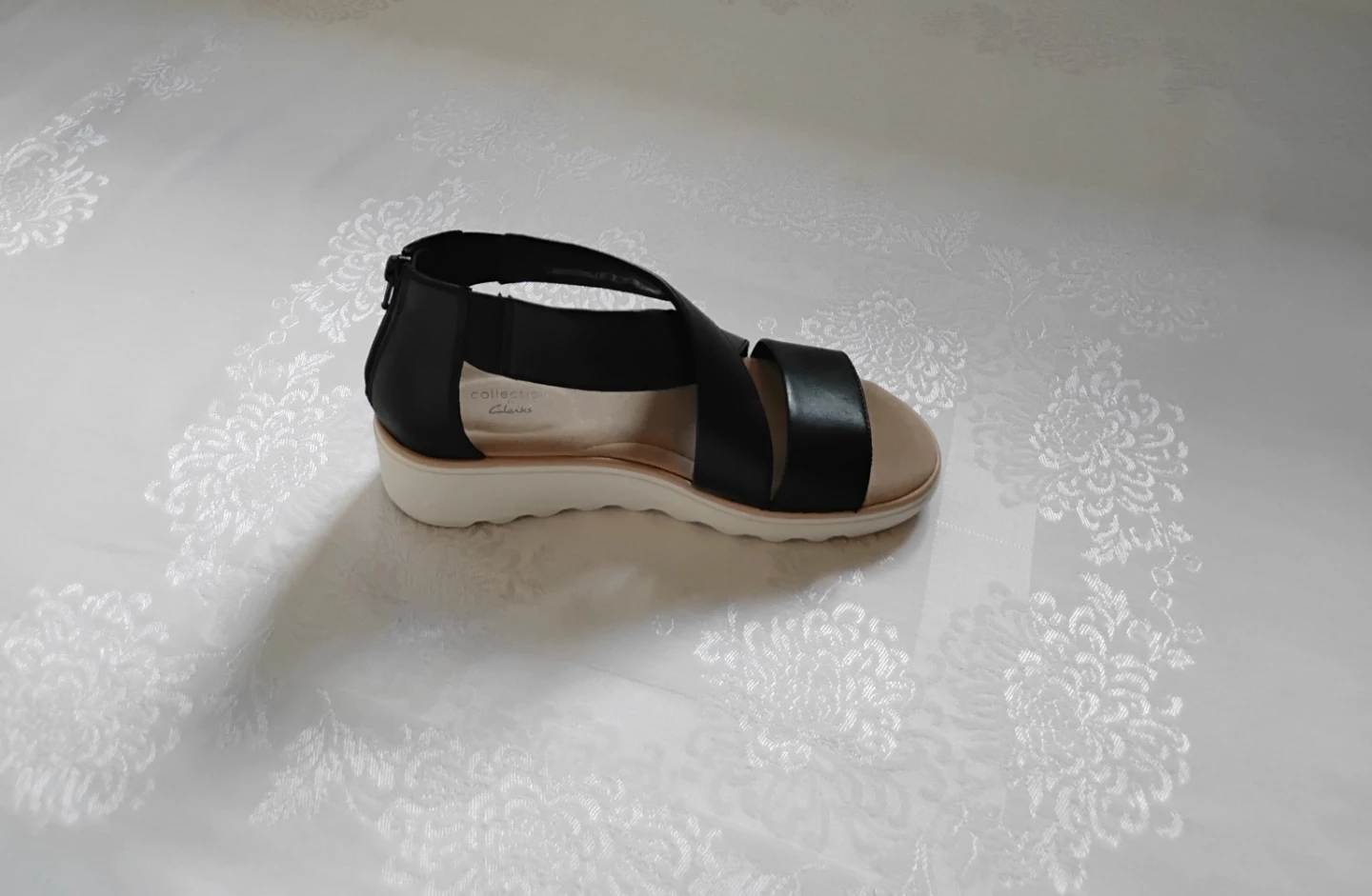 Clarks Black Leather Strap Wedge Sandals