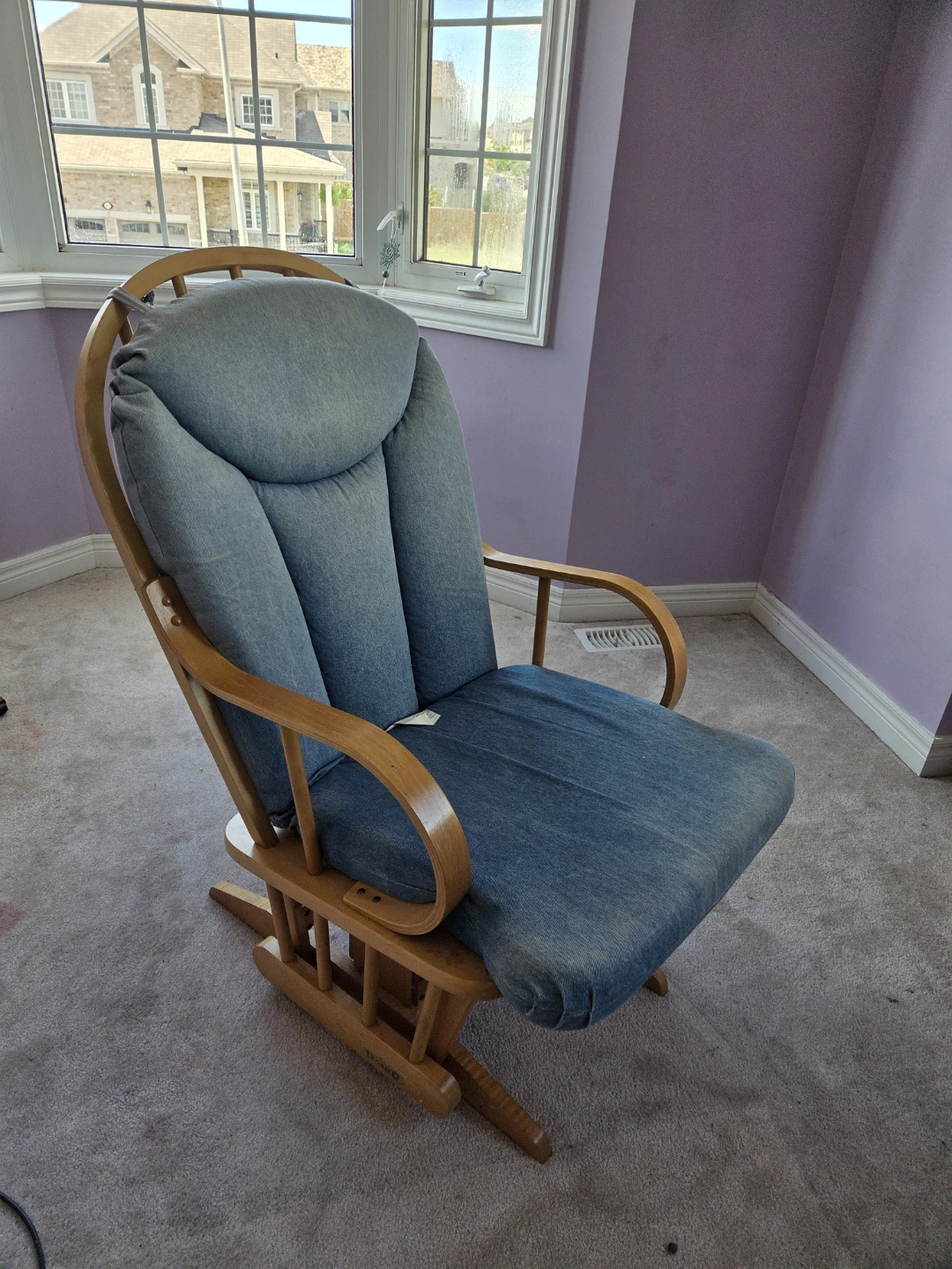 Wooden Glider Rocking Chair with Blue Upholstery